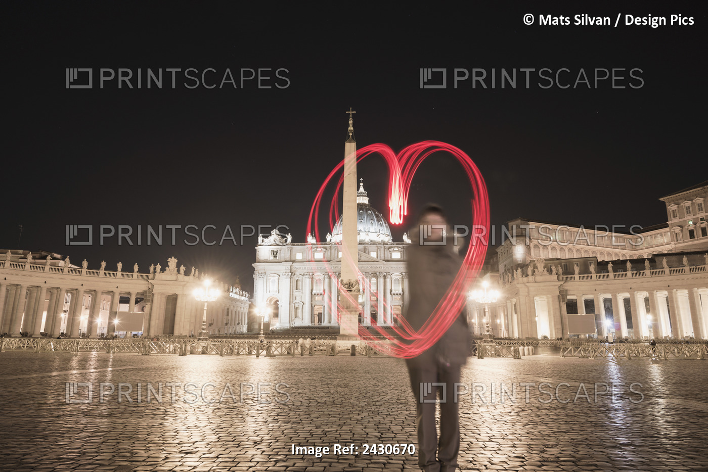 A Woman Stands With A Red Light Trail In The Shape Of A Heart In St. Peter's ...