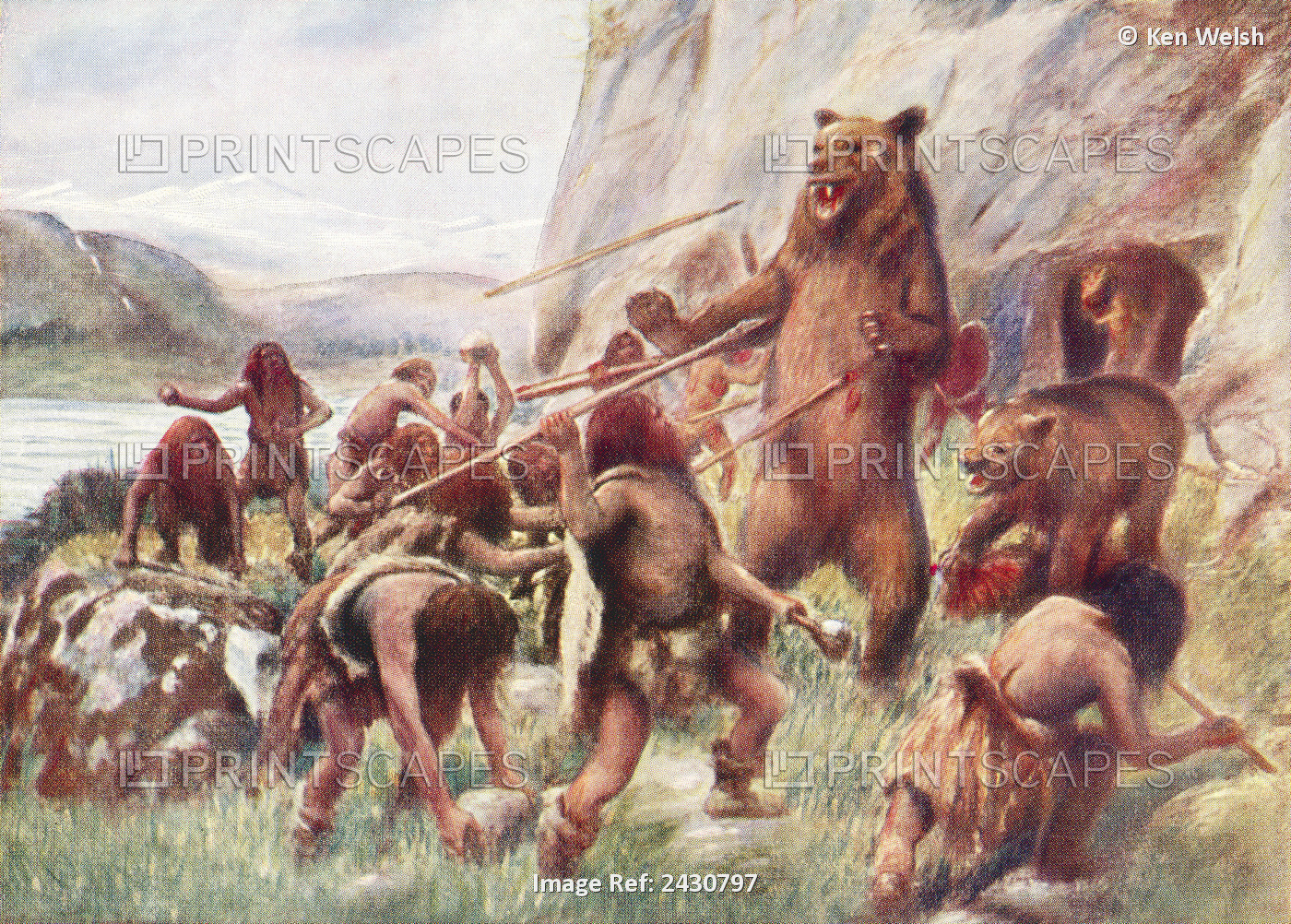 Stone Age Man Hunting Wild Bears. After A Work C.1920