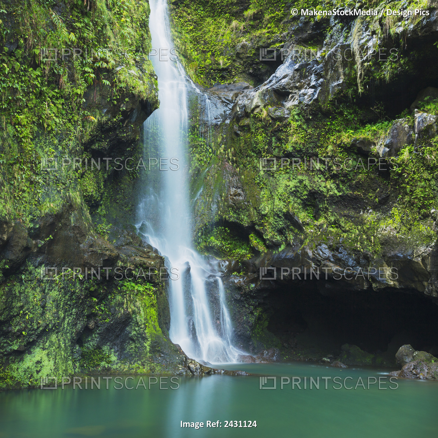 Beautiful Lush Waterfall On The Road To Hana; Haiku, Maui, Hawaii, United ...