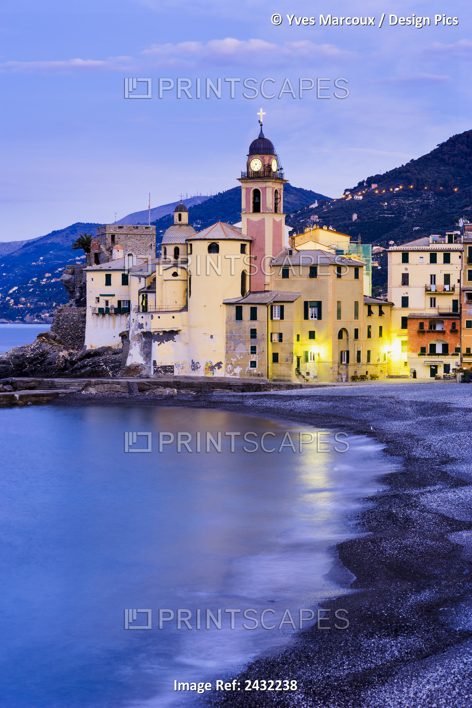 Buildings Illuminated By Lights Along The Water's Edge At Sunrise; Camogli, ...