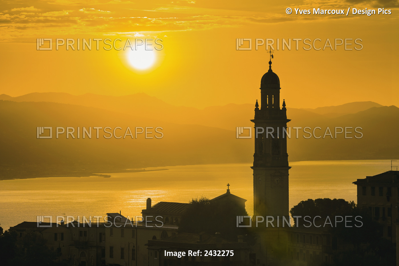 Golden Sky At Dusk With Tower Of Church; San Lorenzo Della Costa, Liguria, Italy