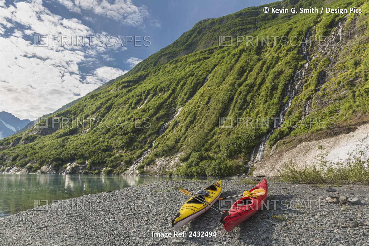 Two Kayaks On The Beach In Front Of Green Mountain With Waterfall At Shoup Bay ...