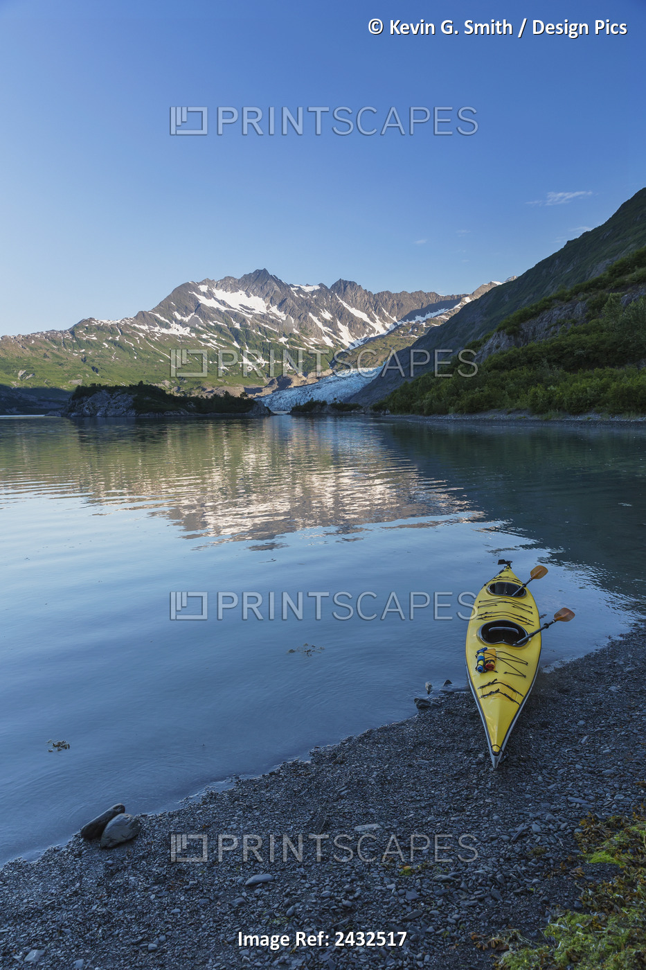 Kayak On The Beach With Shoup Glacier Spilling Over The Chugach Mountains Into ...