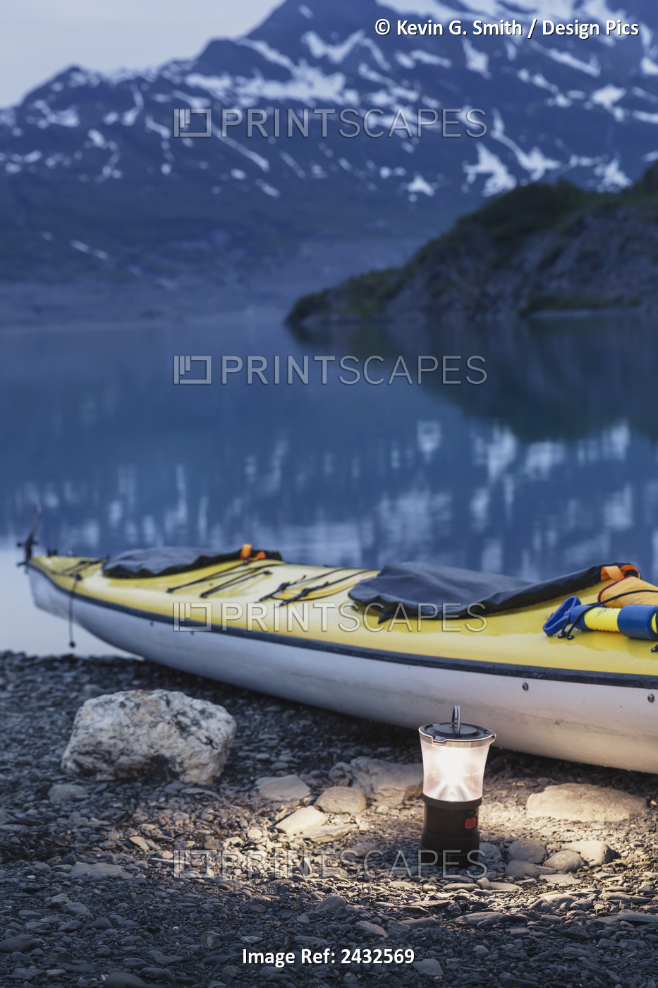 Kayak And Lantern On The Beach With Mountains In The Back Ground At Dusk, Shoup ...