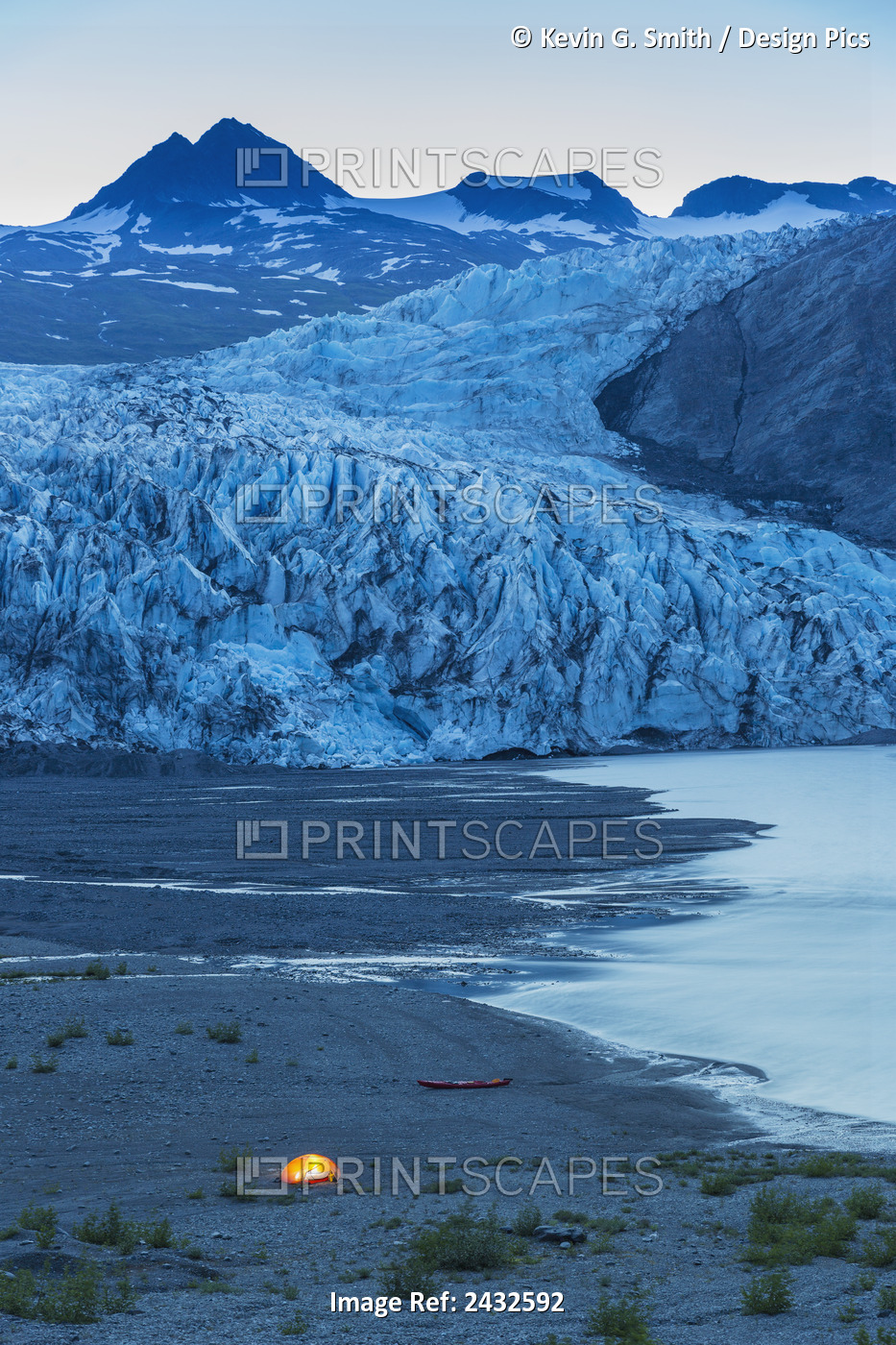 Glowing Tent And Kayak On The Beach In Front Of Shoup Glacier At Dusk, Shoup ...