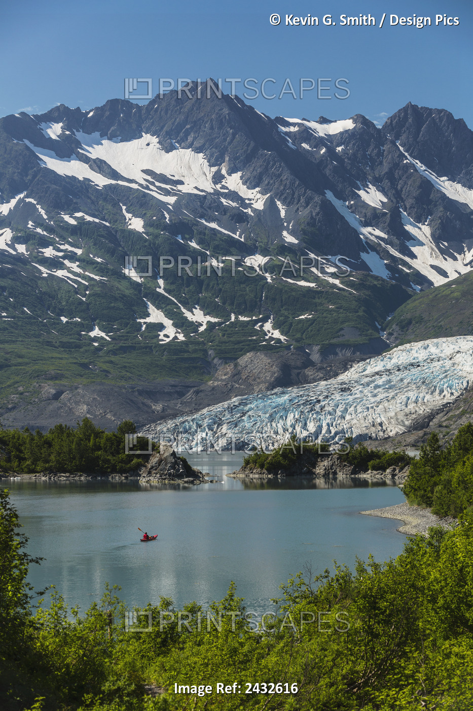 Scenic View Of Shoup Glacier, Chugach Mountains And A Sea Kayaker In The ...