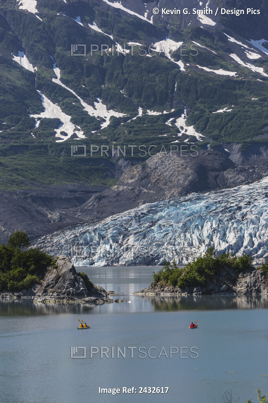 Scenic View Of Shoup Glacier, Chugach Mountains And Sea Kayakers In The ...