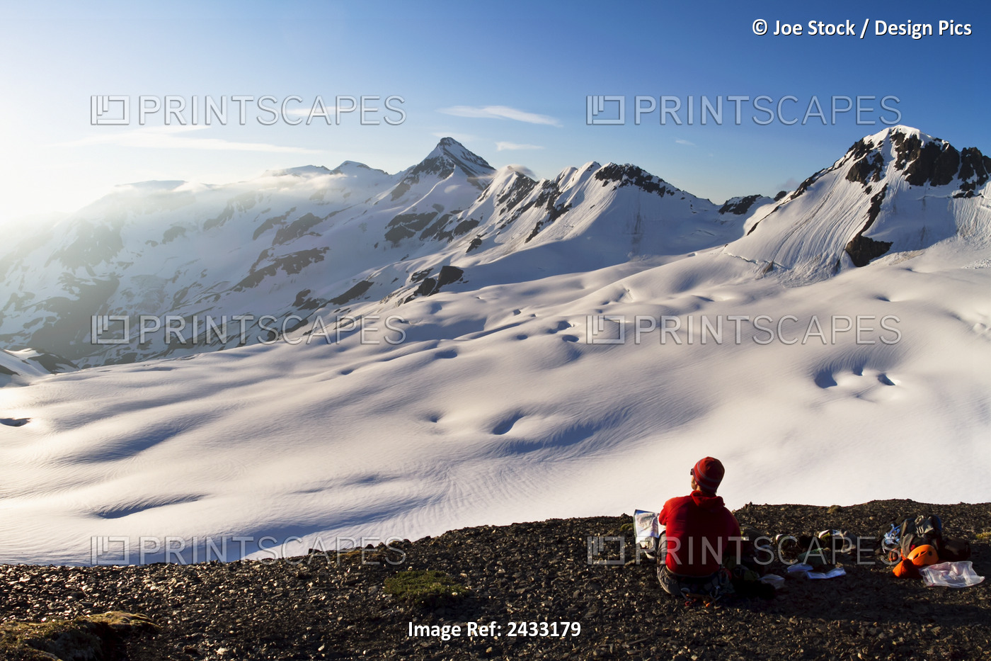 Backcountry Skier Taking A Break Above Eklutna Glacier, Western Chugach ...