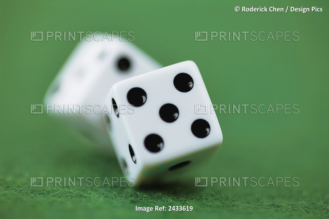 Pair Of White Dice Rolling On Green Felt