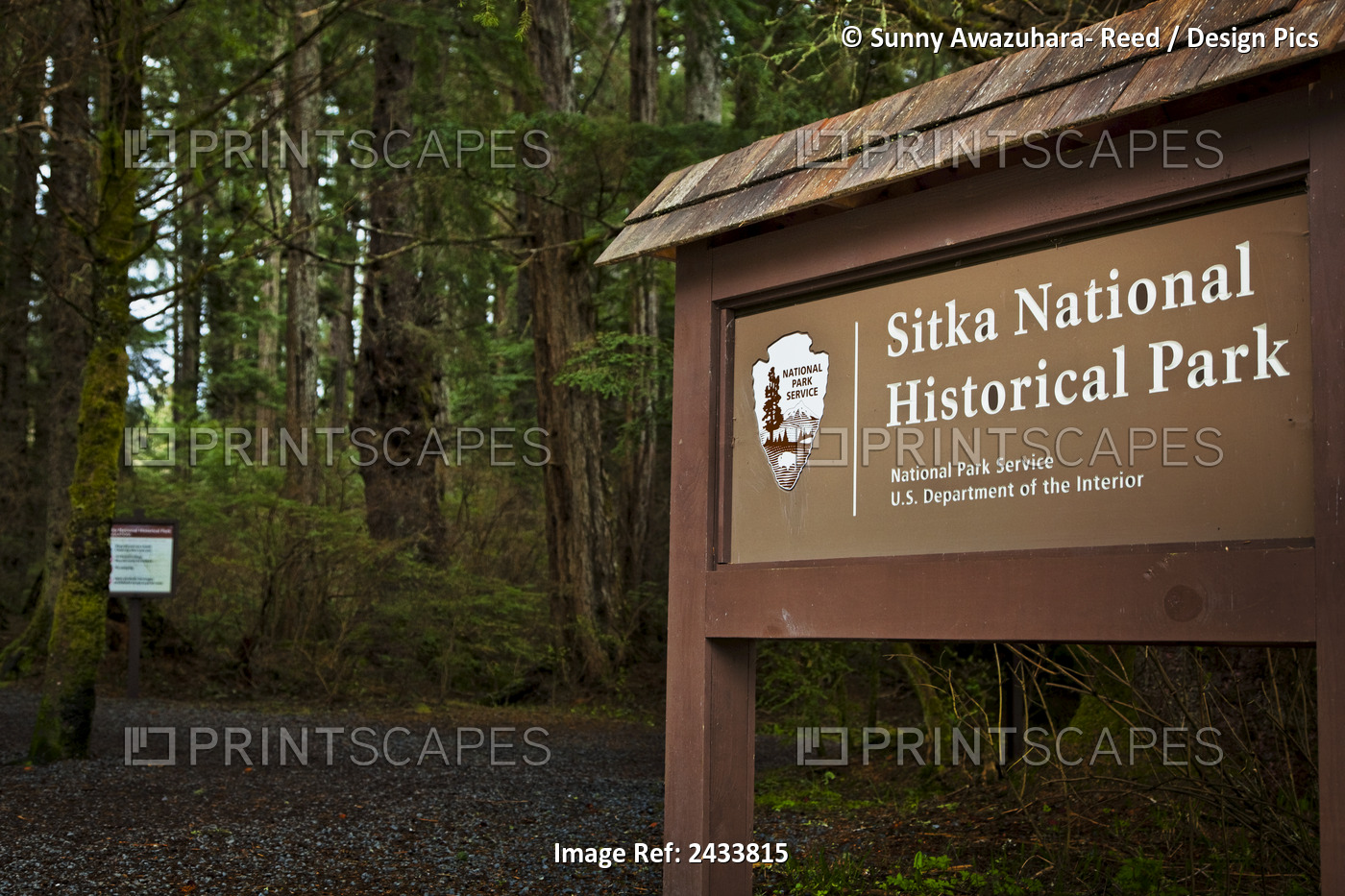 Sitka National Historical Park Sign At Totem Trail; Sitka, Alaska, United ...