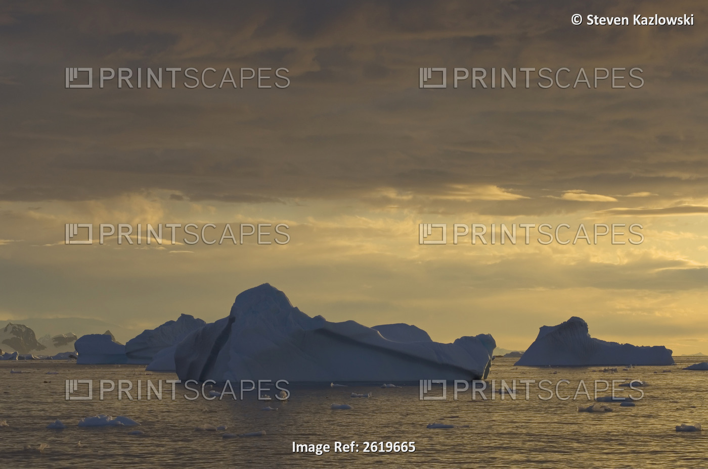 Icebergs Floating Off The Western Antarctic Peninsula At Sunset, Antarctica, ...
