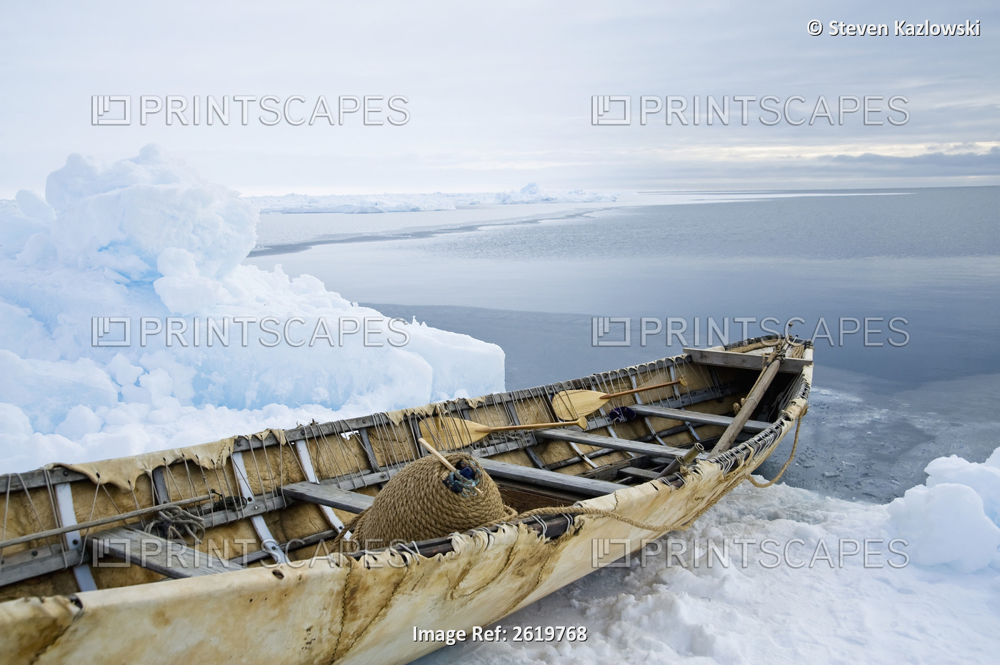Inupiaq Umiak, Or Bearded Seal Skin Boat, At The Edge Of An Open Lead In The ...
