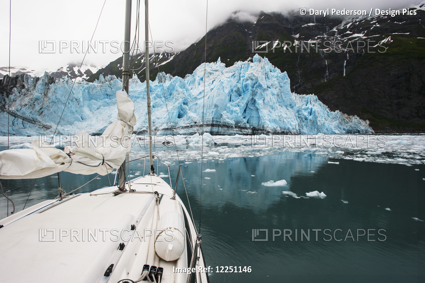 Sailboat In Prince William Sound With Scenic View Of Tidewater Glacier And ...