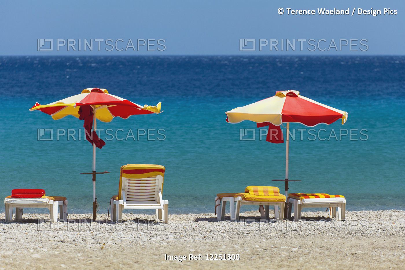 Umbrellas And Beach Chairs On A Beach On The Island Of Kos; Kefalos, Greece