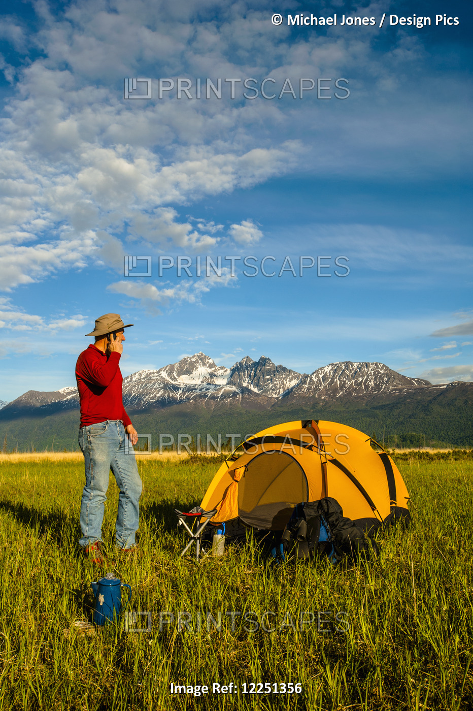 Man Talking On A Cell Phone At His Campsite In The Palmer Haystack Flats ...