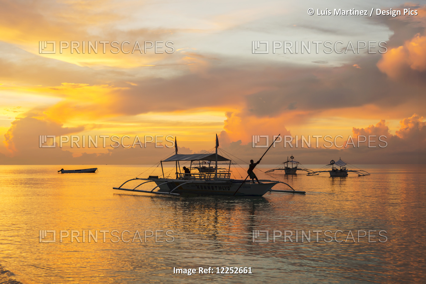 Beautiful Sunrise In Alona Beach, A Man Moving His Boat To Reach The Shore With ...