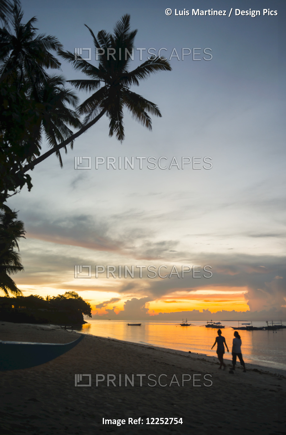 Beautiful Sunrise In Alona Beach, Friends Walking On The Sand; Panglao Island, ...