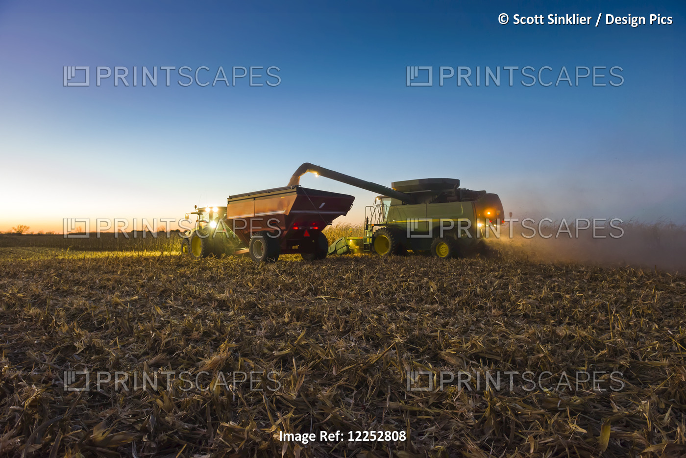 A Farmer Augers Yellow Grain Corn From His Combine Into A Grain Wagon At Night ...