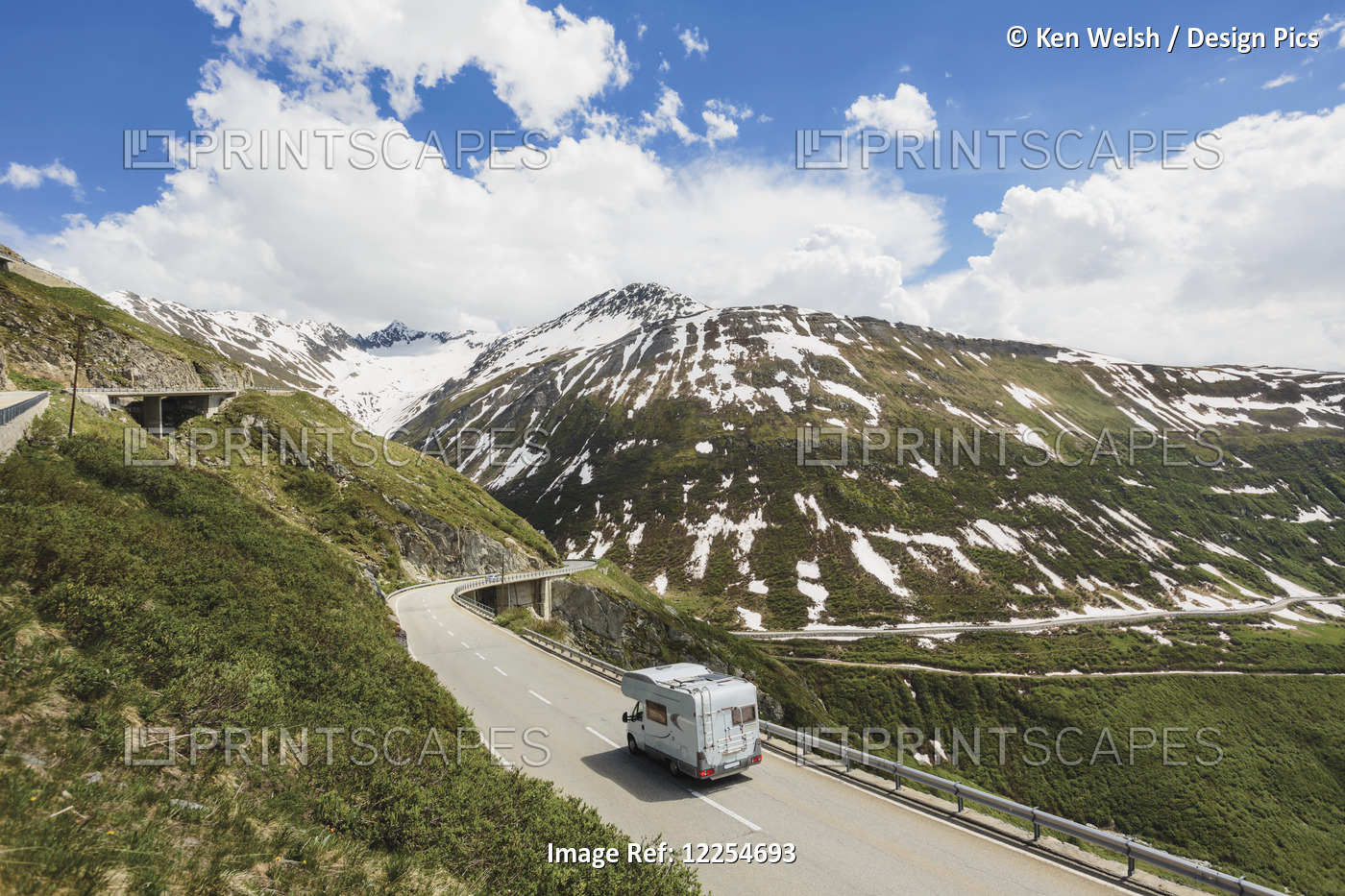 Motor Home On The Furka Pass Road In The Swiss Alps; Valais Canton, Switzerland