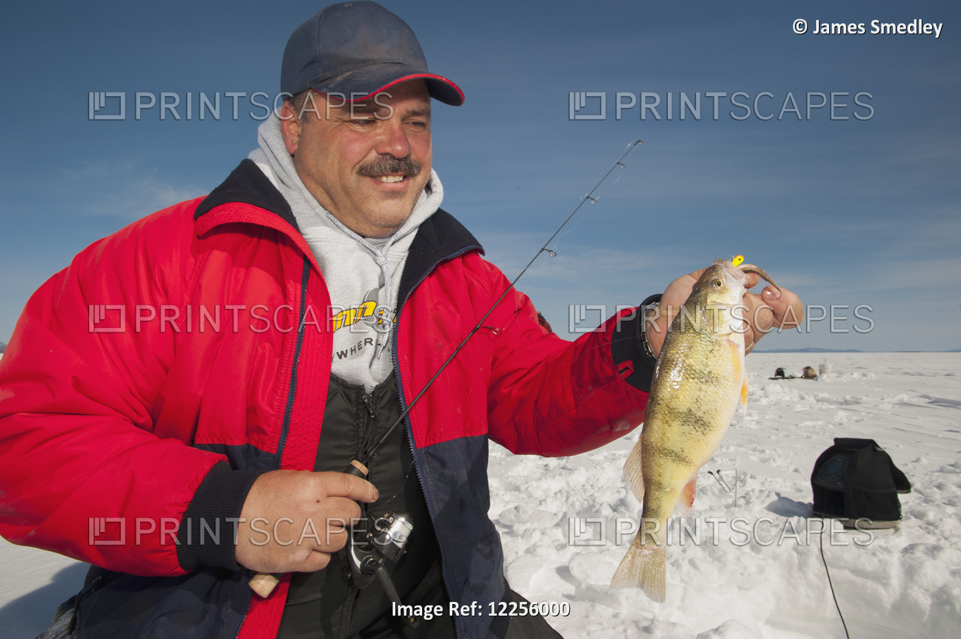 Ice Fisherman Holding A Walleye Fish; Ontario, Canada