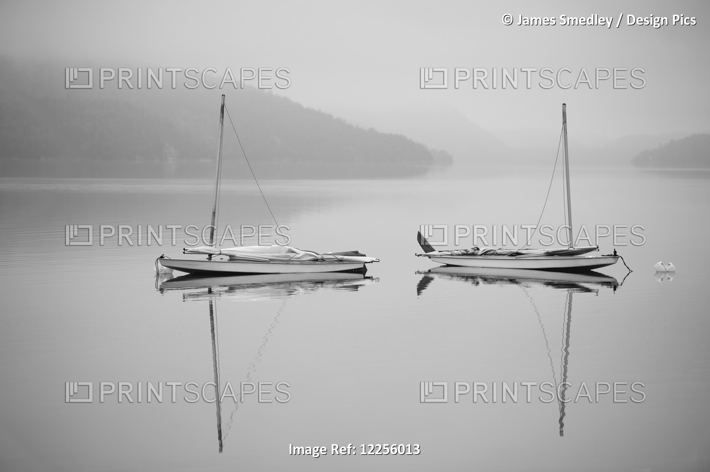 Two Sailboats Reflected In A Calm, Misty Lake; Ontario, Canada