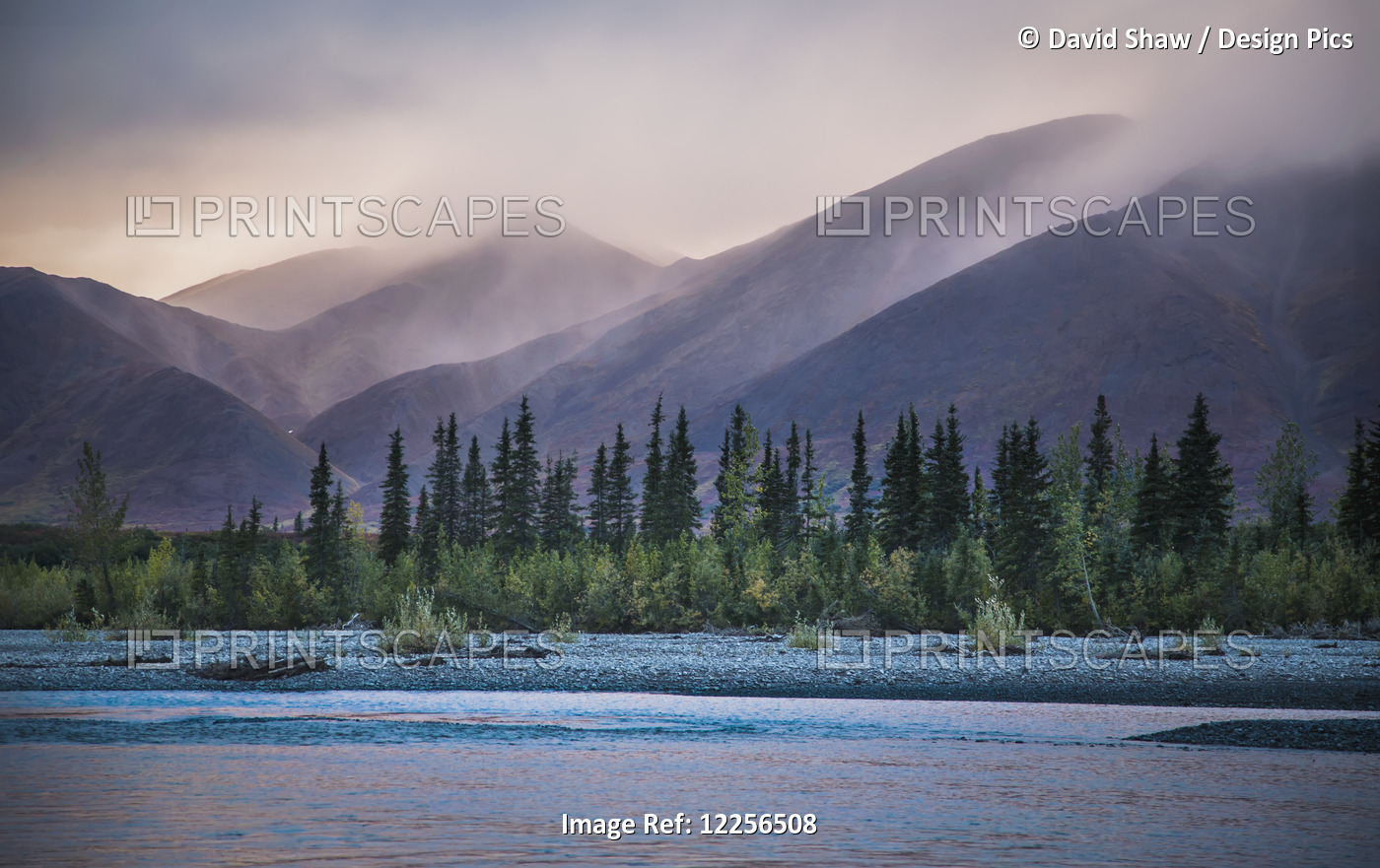 Rain And Snow Squalls Race Over The Mountains During Sunset On The Kelly River, ...