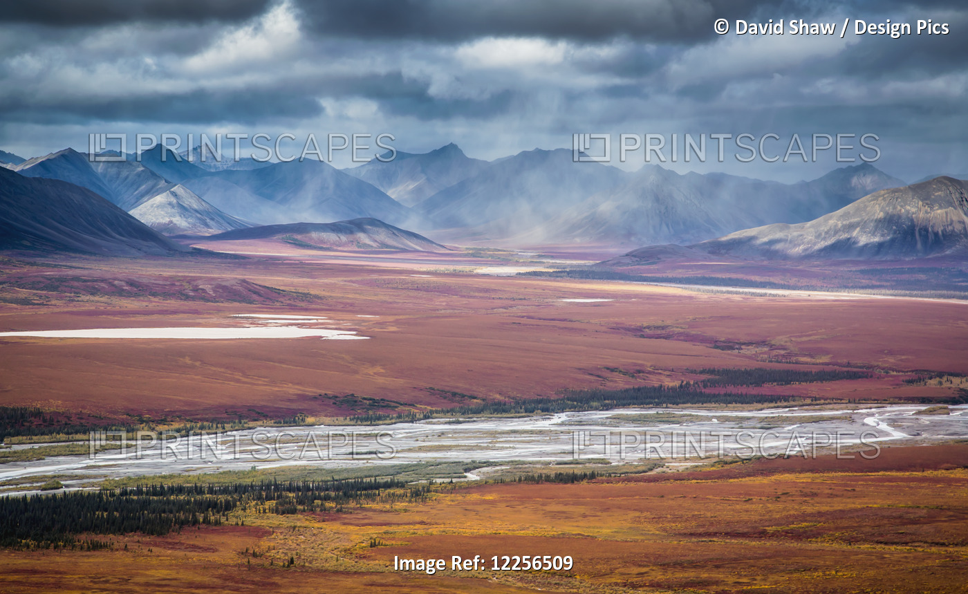 Rain And Snow Squalls Pass In Front Of The Mountains And Autumn Tundra Of The ...