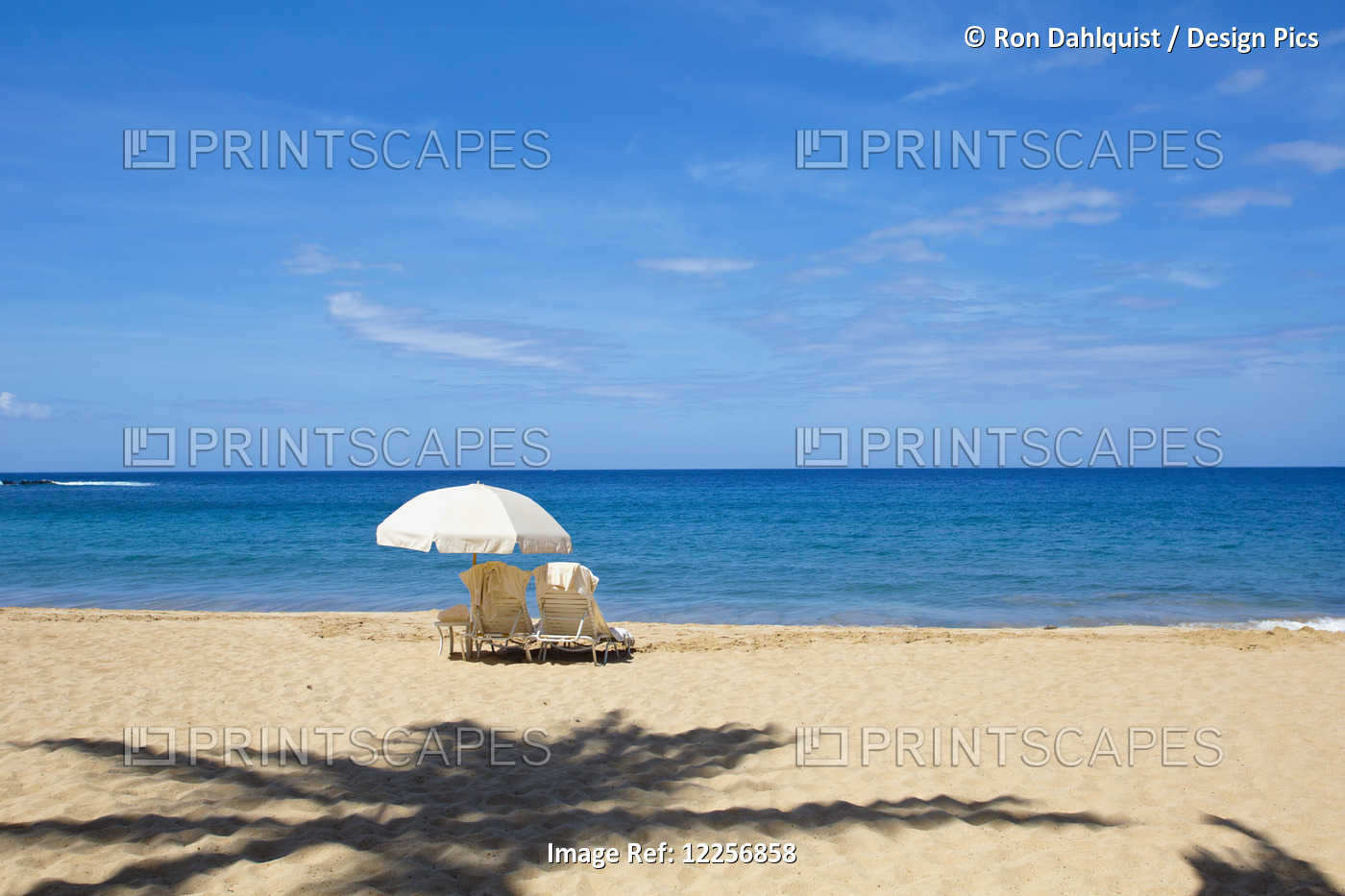 Two Beach Chairs With Umbrella On Hulupo'e Beach, Manele Bay; Lanai, Hawaii, ...