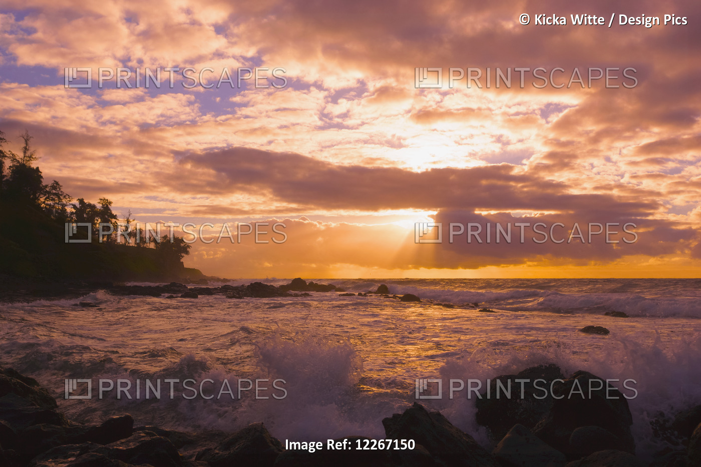 Sunrise And Waves Crashing On The Rocks, Kealia Beach; Kauai, Hawaii, United ...