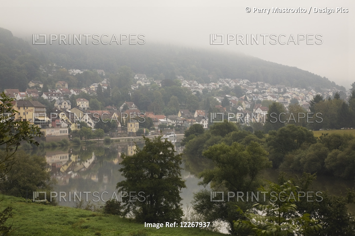 Neckar River And Residential Homes In Meinbach Village Through Morning Mist; ...