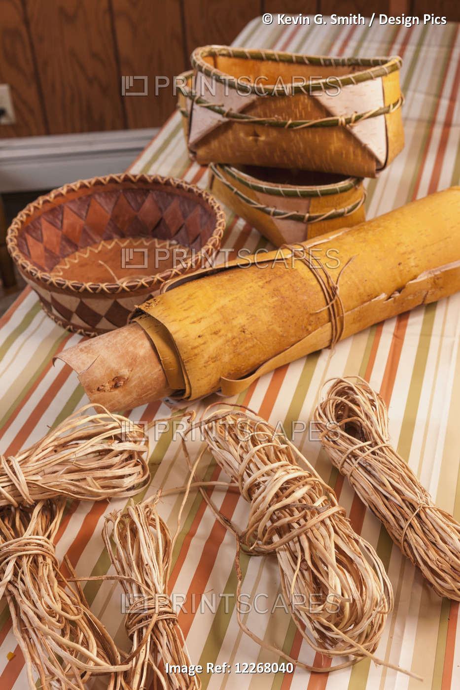 Supplies For Making Birch Bark Baskets Displayed On Table, Finished Bowls, ...