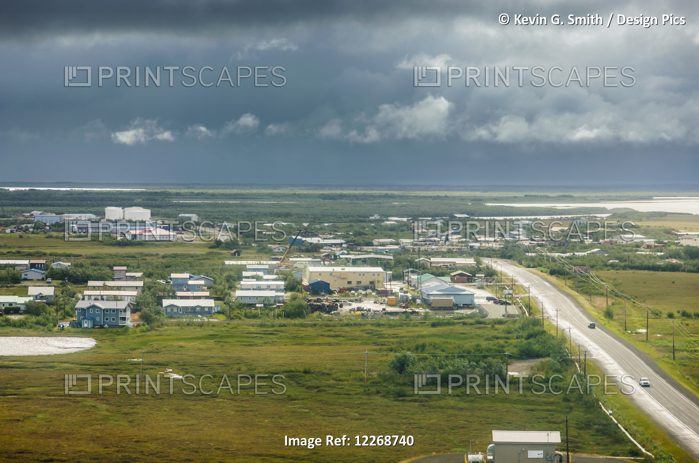 Aerial View Of Bethel, Kuskokwim River With Rain Clouds In The Background, ...