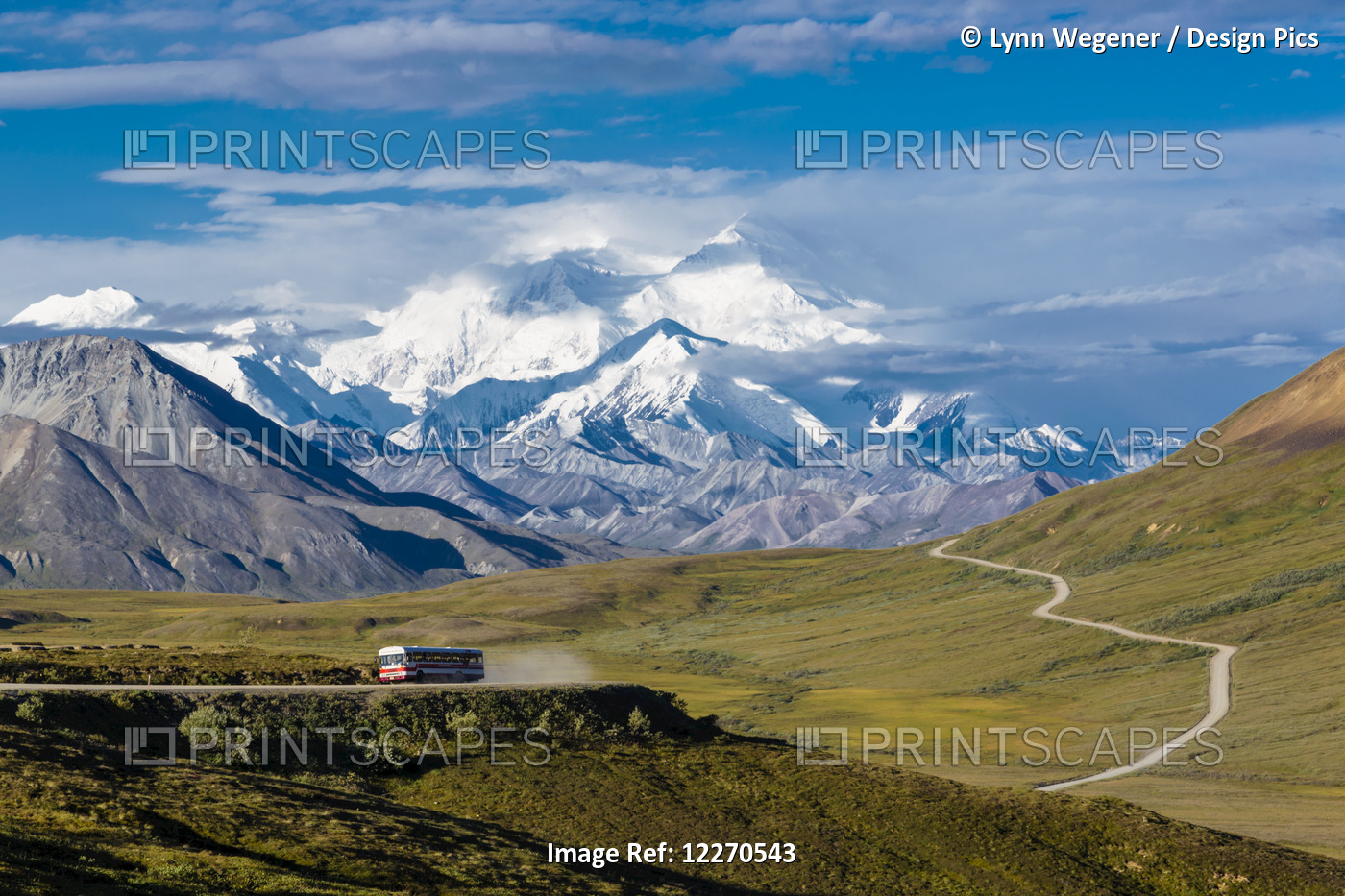 Scenic View Of Mt. Mckinley And Thorofare Pass With A Tourist Lodge Bus In The ...