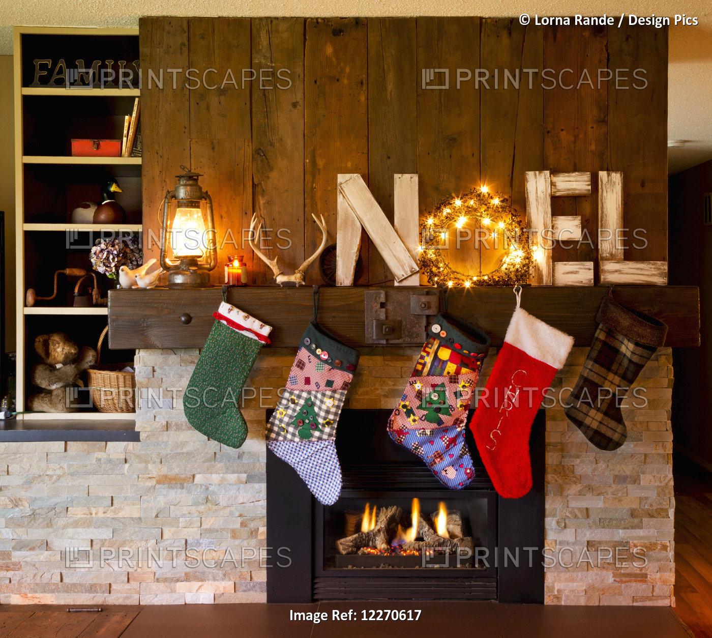 Christmas Decor Around The Fireplace In A Home; Yarrow, British Columbia, Canda