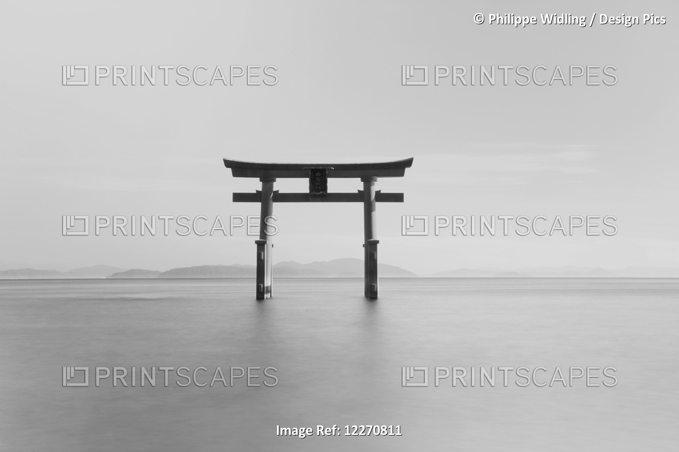 Black And White Image Of A Floating Shrine On A Lake; Takashiyama, Shiga, Japan