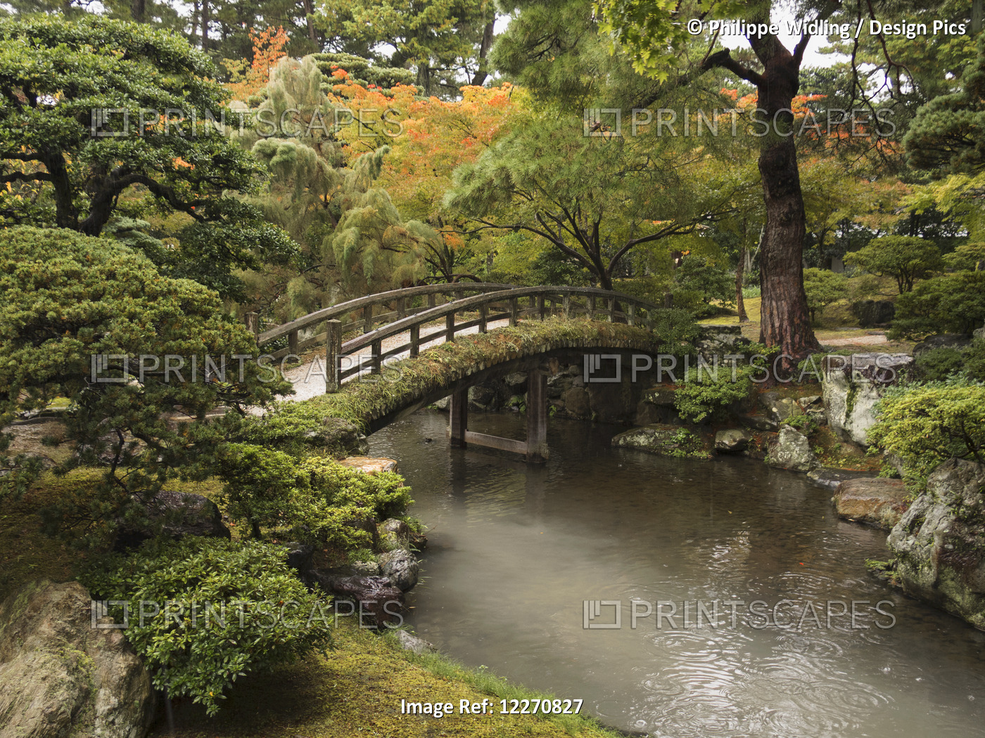 Japanese Stone Bridge Across A Stream In A Park; Kyoto, Japan
