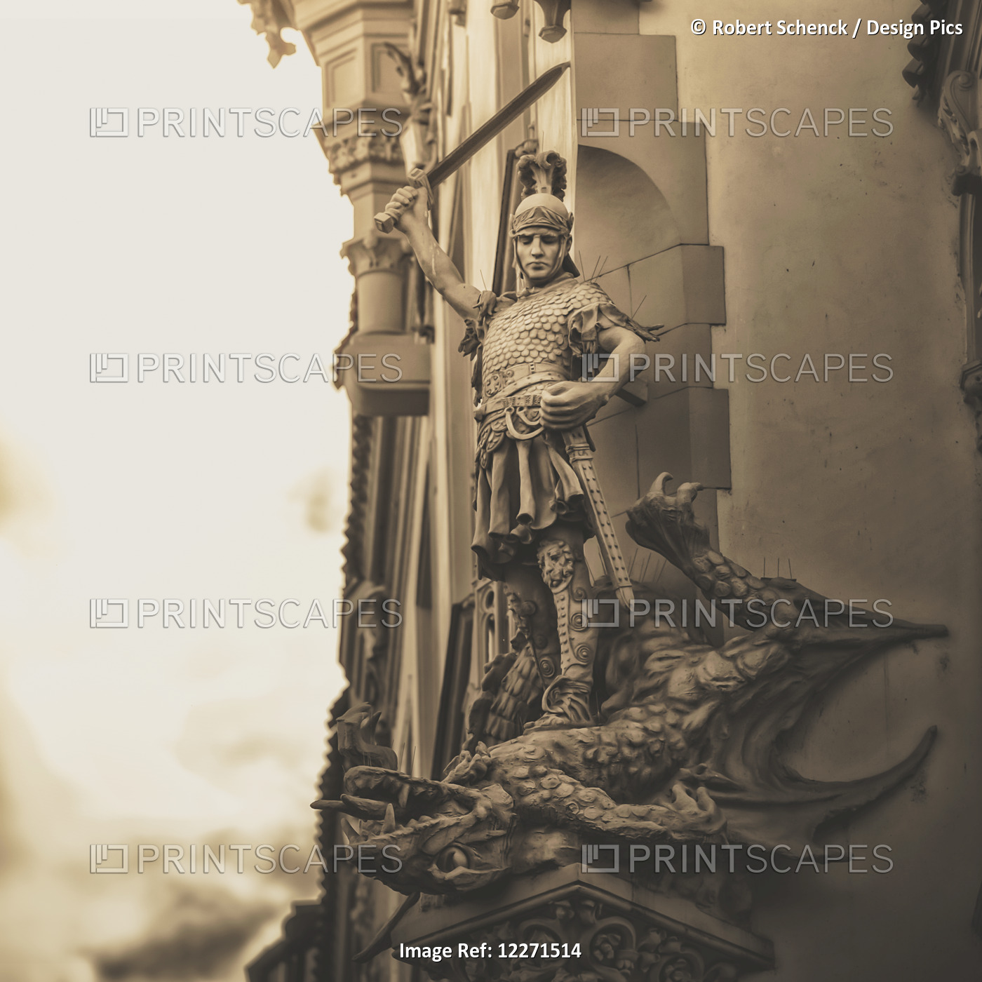 Statue On The Side Of A Building Of A Warrior Slaying A Dragon; Prague, Czech ...