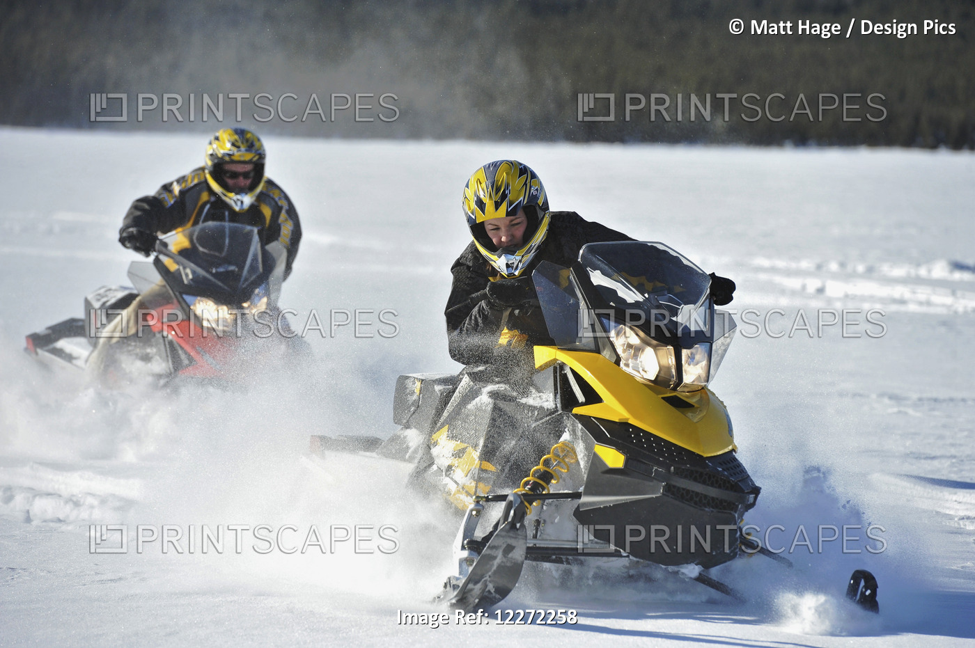 Two Friends Snowmachine Through Fresh Snow On Little Harding Lake In Harding ...