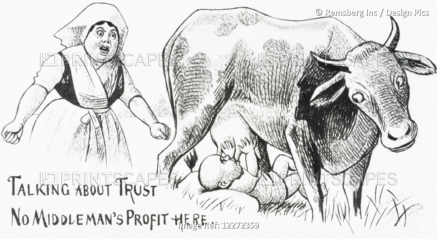 Vintage Illustration Of Baby Sucking Utters From Cow And Angry Mother From 19th ...