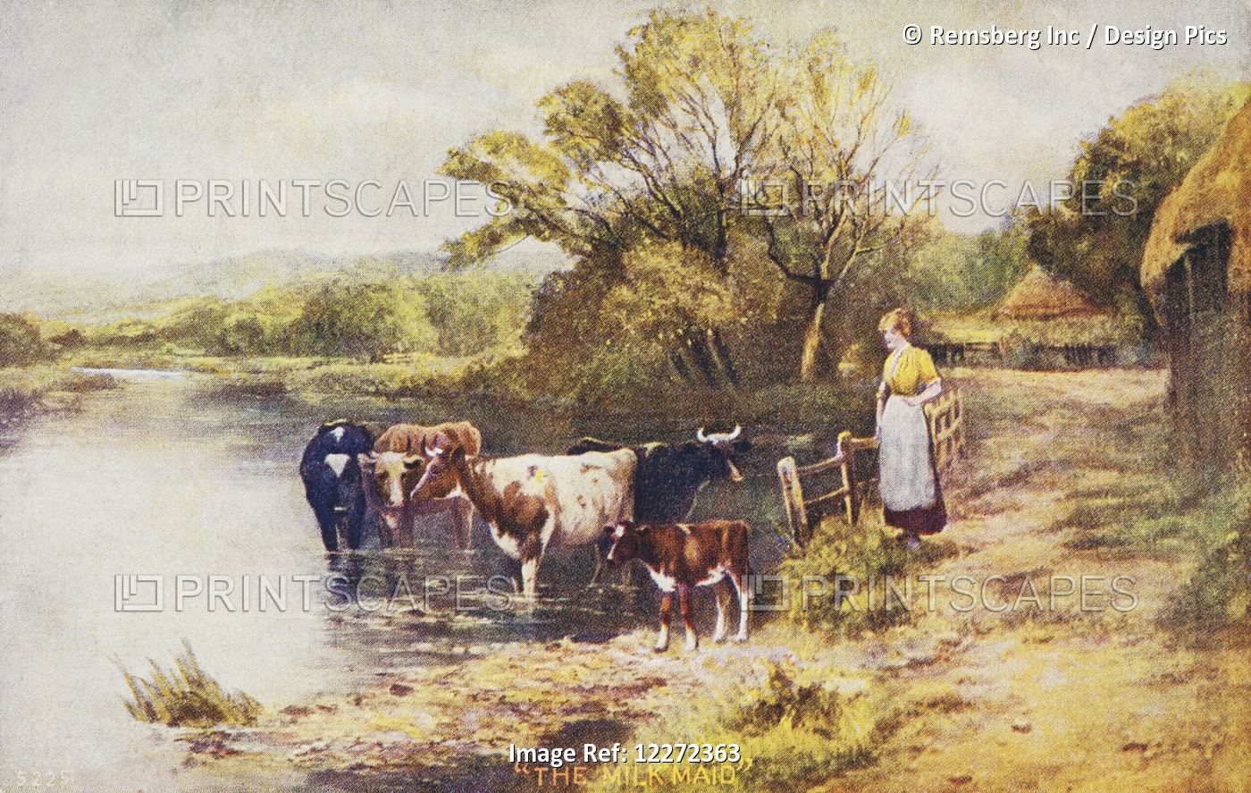 Vintage Greeting Card With Illustration Of Milkmaid Next To Cows In A Stream ...