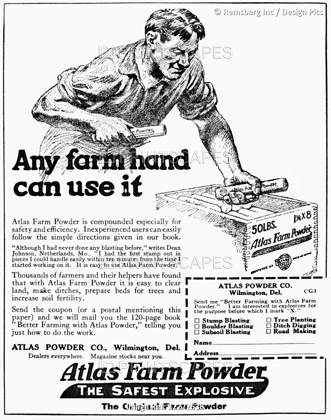 Historic Advertisement Of Atlas Farm Powder "the Safest Explosive" With ...
