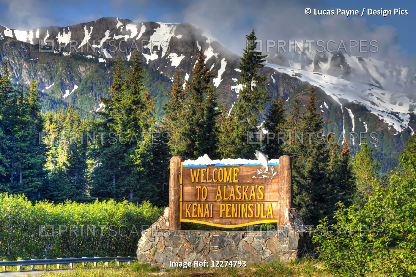 Welcome To Alaska's Kenai Peninsula Sign And The Kenai Mountains, Southcentral, ...