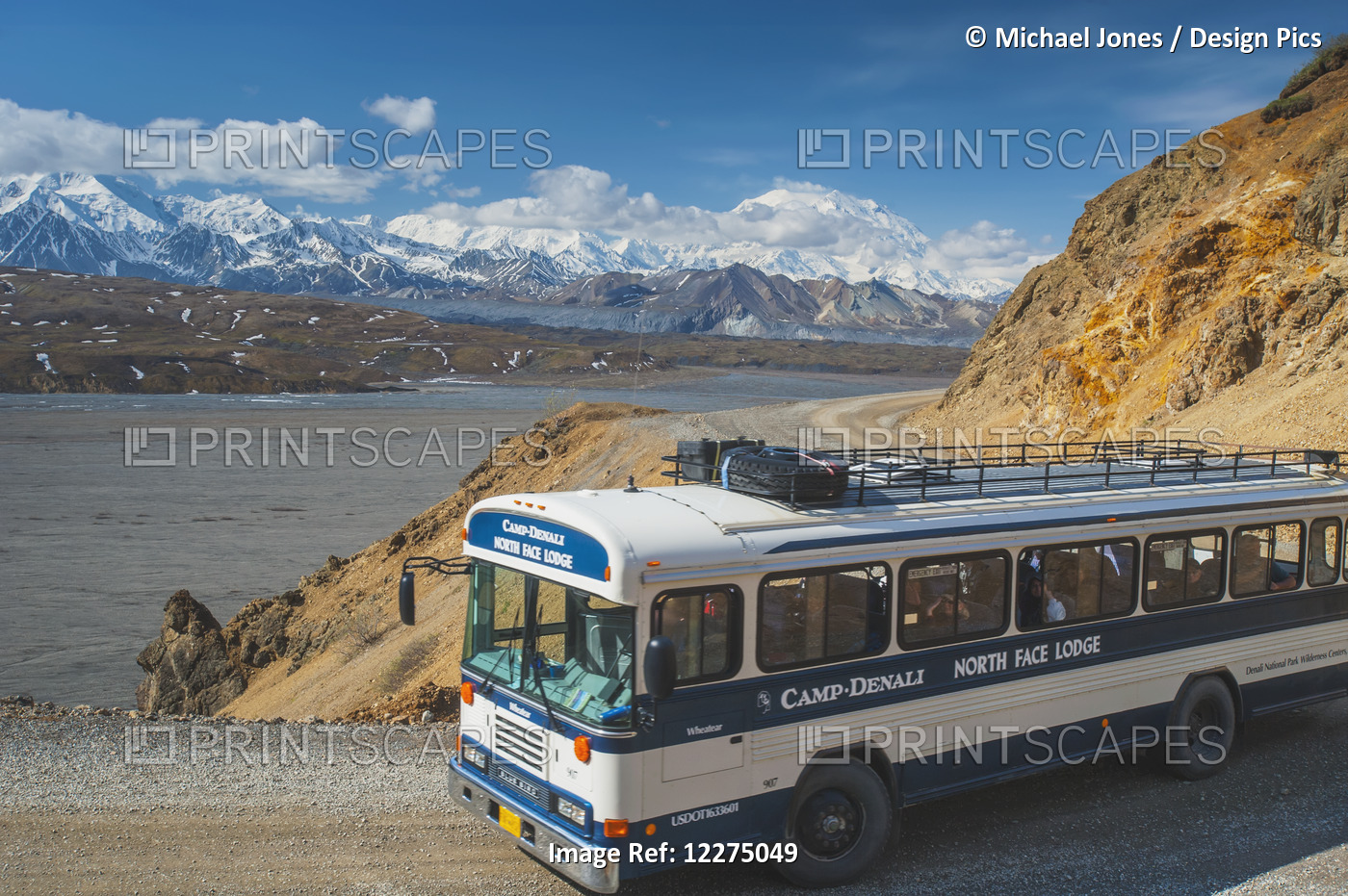 A Park Bus On The Park Road With Mount Mckinley In The Background, Denali ...