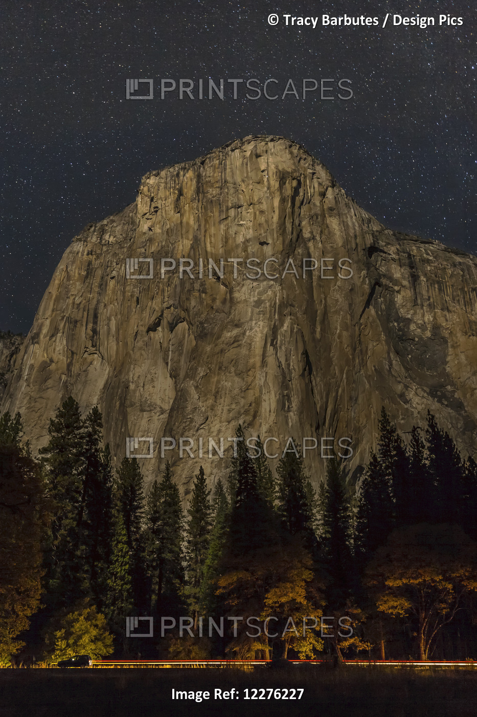 A Vehicle Drives Along Northside Drive In Front Of El Capitan At Night In ...