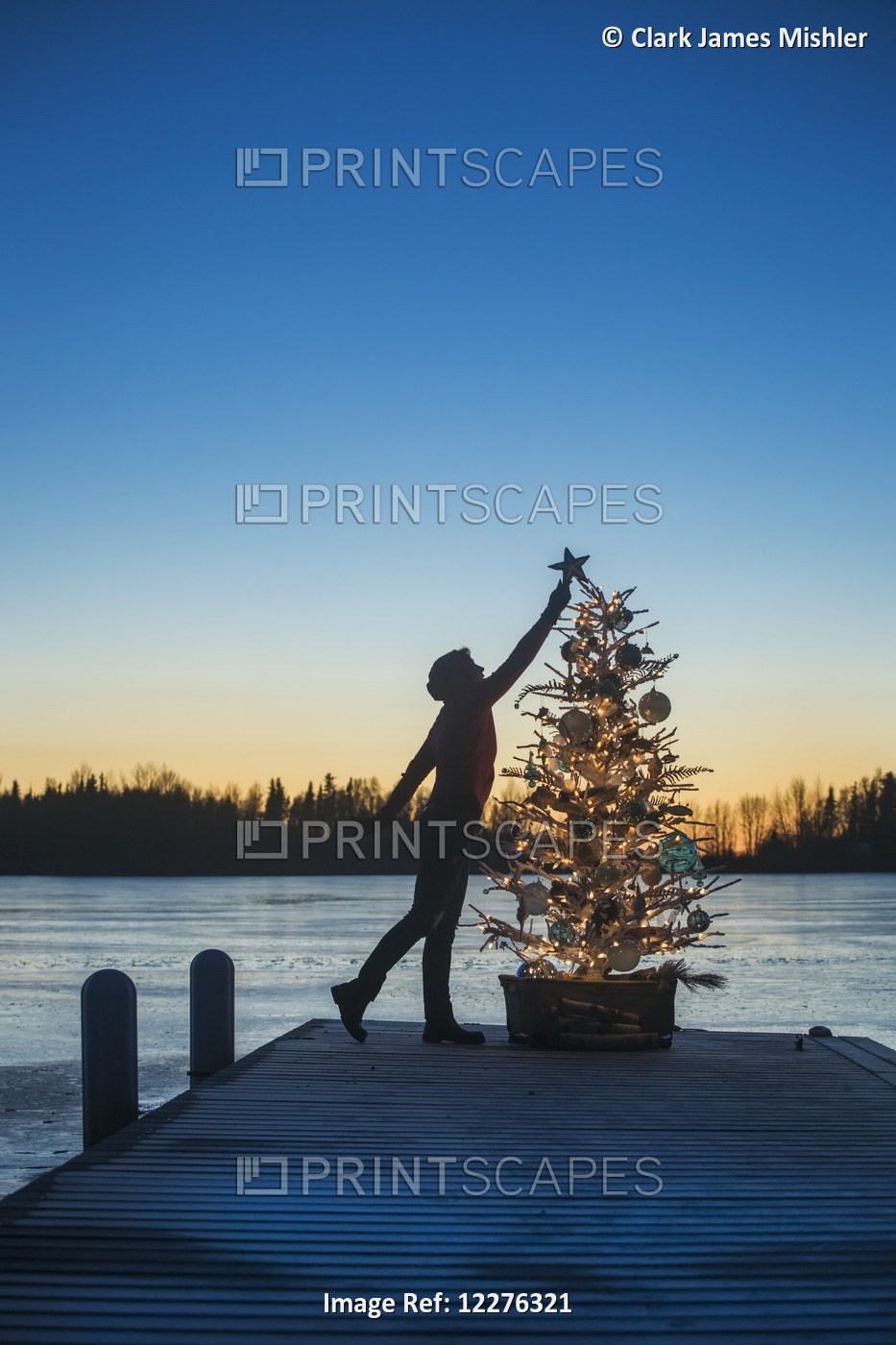 Silhouette Of A Person Decorating A Christmas Tree On A Dock, Anchorage, ...
