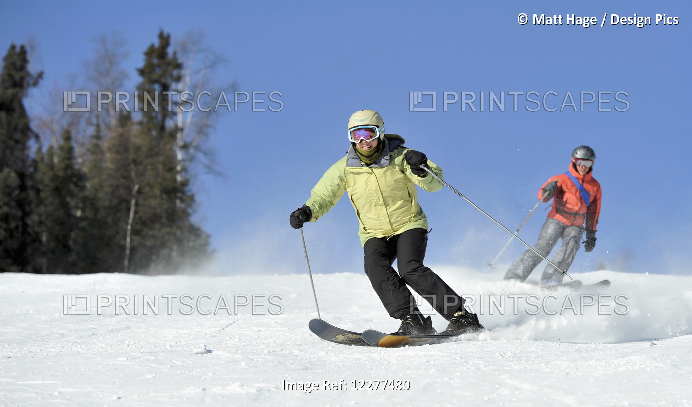 Downhill Skiers At Mt. Aurora Skiland Near Cleary Summit North Of Fairbanks, ...
