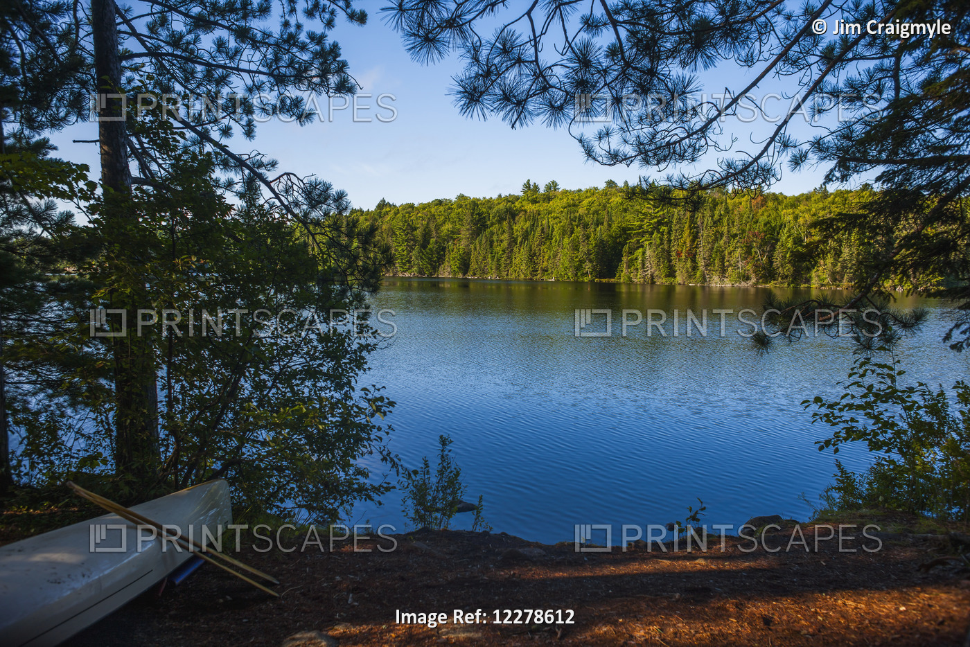 Upside Down Canoe At Campsite By Burnt Island Lake In Algonquin Park; Ontario, ...
