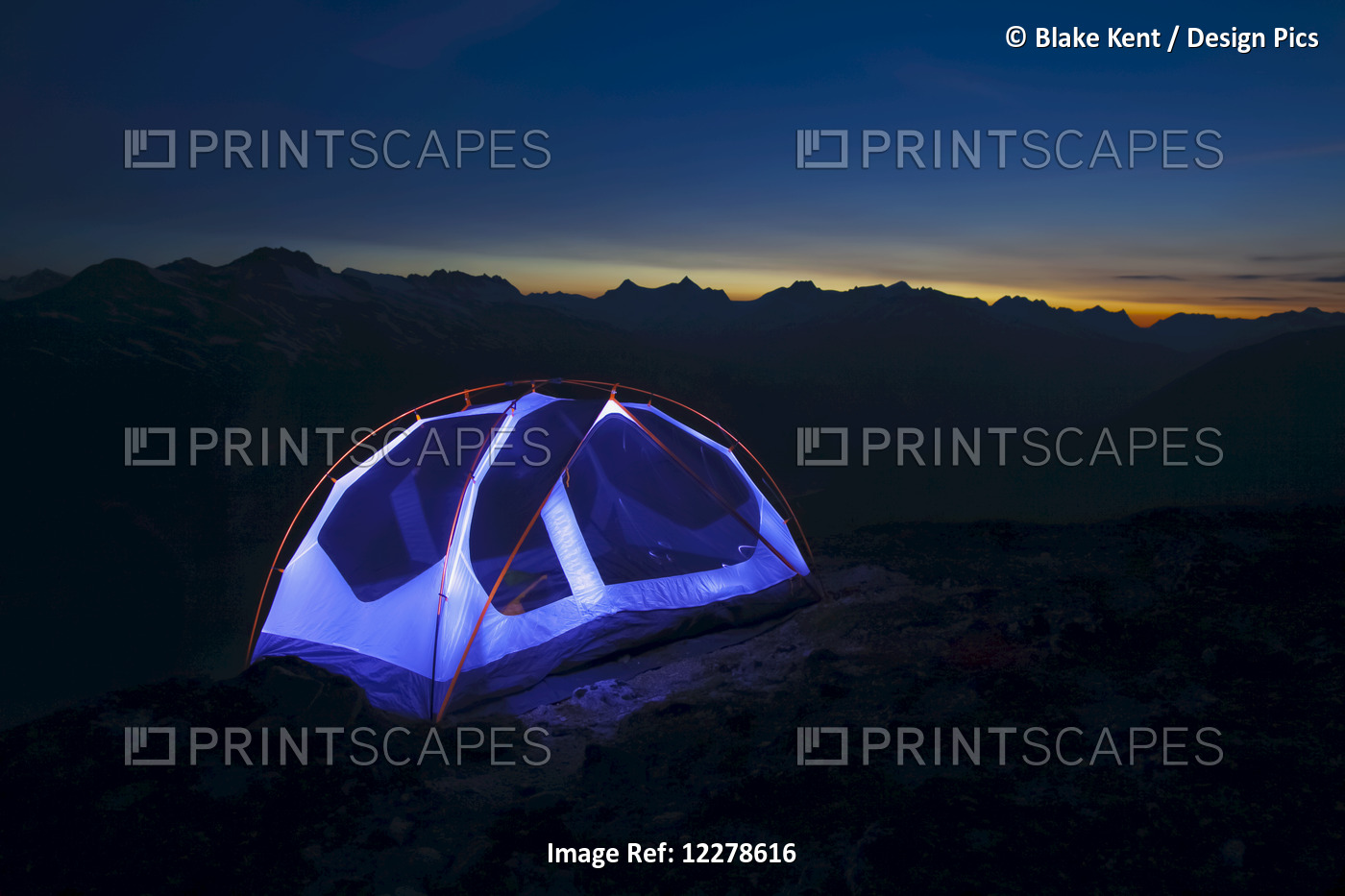 Light Painting A Backpacker Tent High On Mountaintop At Sunset; Skagway, ...