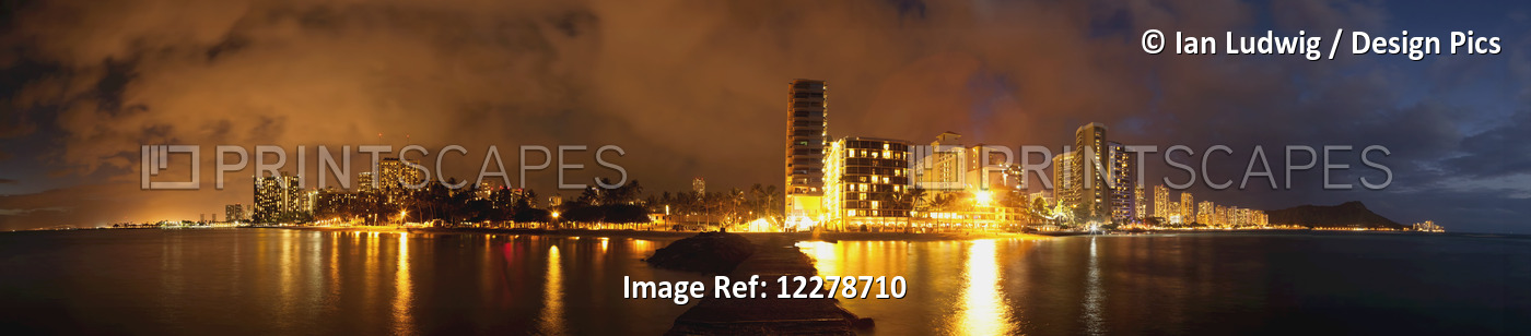 Full View Of Waikiki Beach At Night; Honolulu, Oahu, Hawaii, United States Of ...