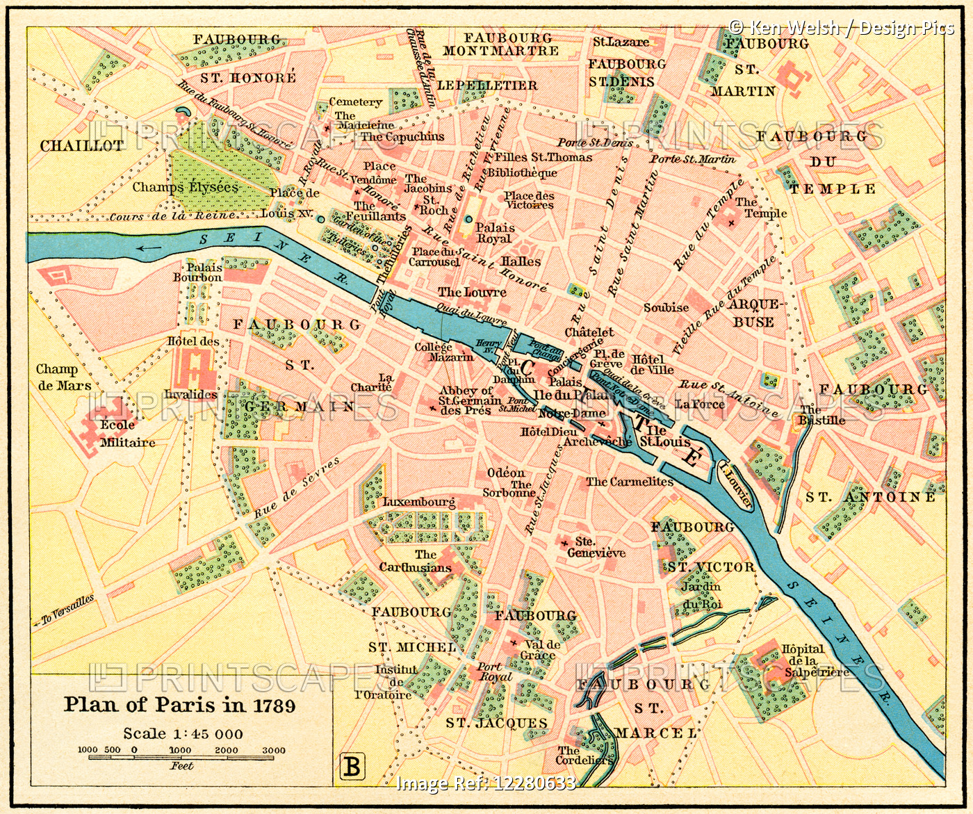 Plan Of Paris, France In 1789. From Historical Atlas, Published 1923.